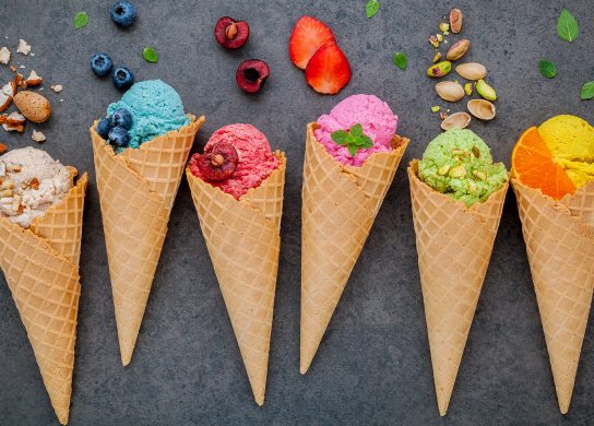 Ice Cream Month. A picture of ice cream on spoons representing glimmer variegates or inclusions